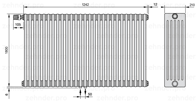 Схема (чертеж) Радиатор Zehnder Charleston 6180/27 №V007 Белый глянцевый RAL 9016